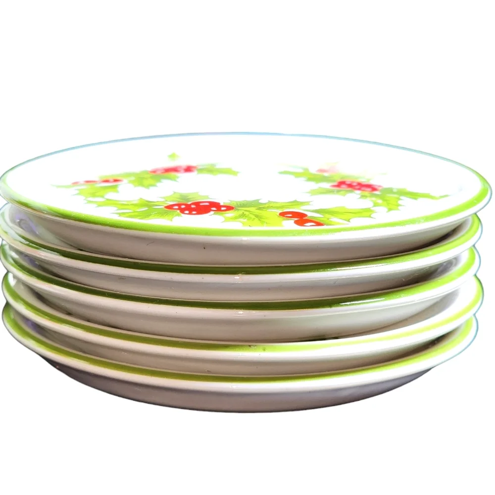 Schmidt Brazil Vintage Porcelain‎ Christmas Holly & Berries 5 Coaster Set
